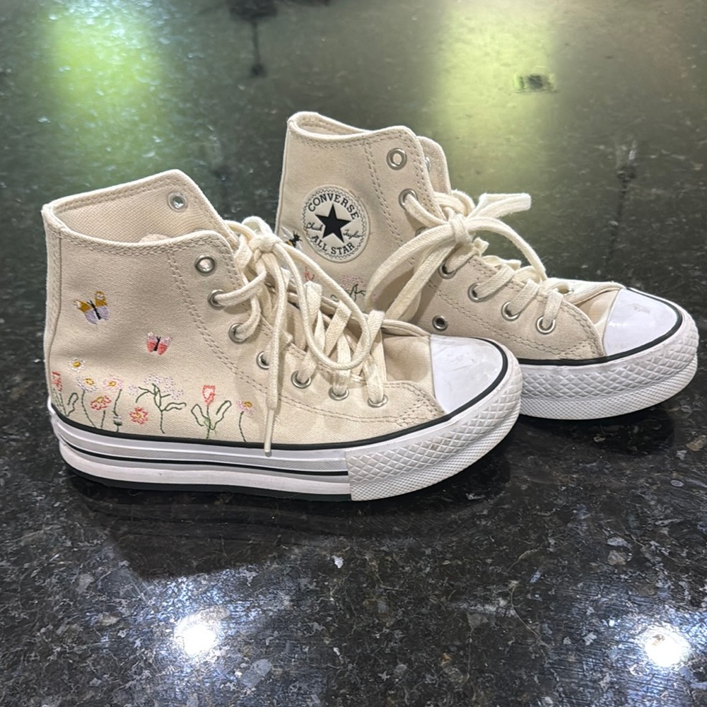 Converse All Star High Top Sneakers - Cream with Floral Embroidery
